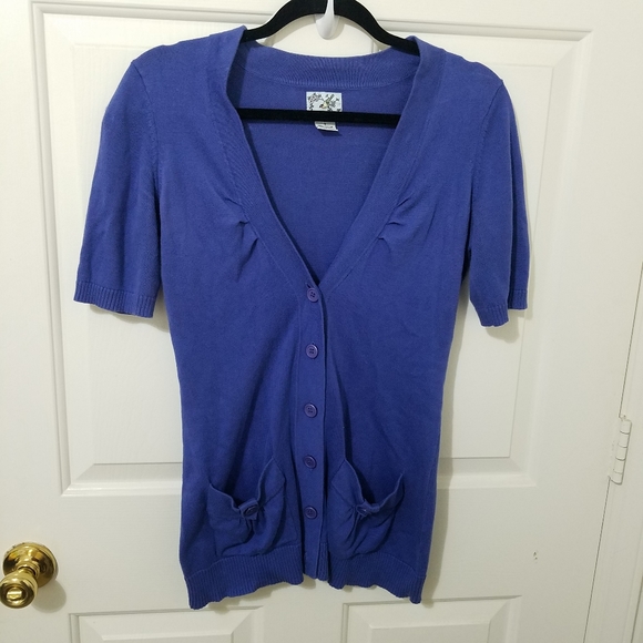 TABITHA Blue Button Fitted Short Sleeved Cardigan - Picture 3 of 12